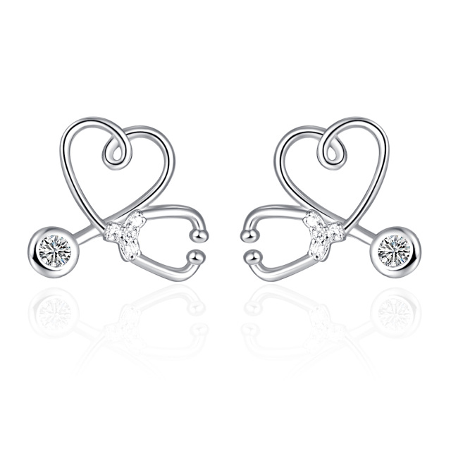 Sterling Silver Circular Shaped Cubic Zirconia Stethoscope Stud Earrings-0