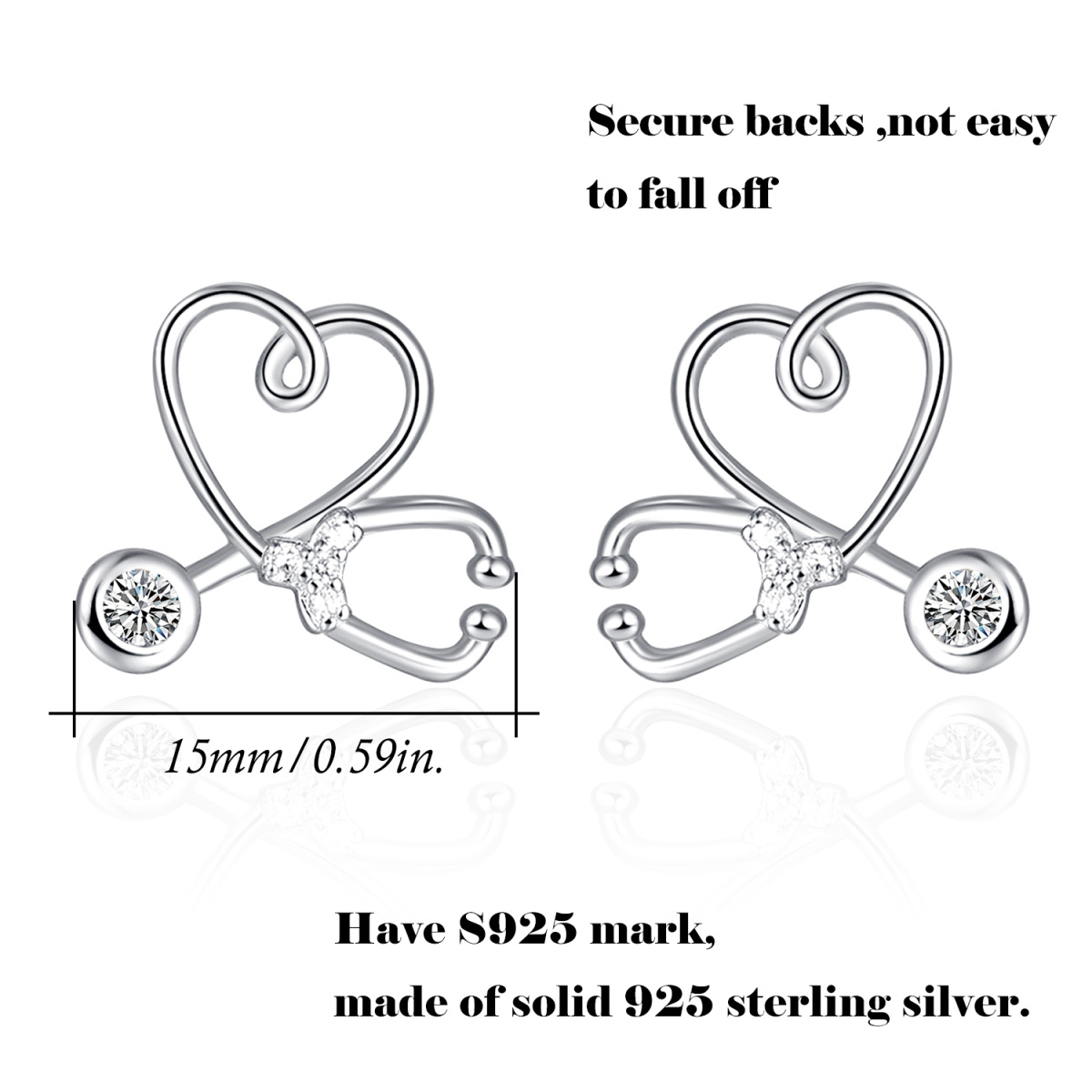 Sterling Silver Circular Shaped Cubic Zirconia Stethoscope Stud Earrings-5