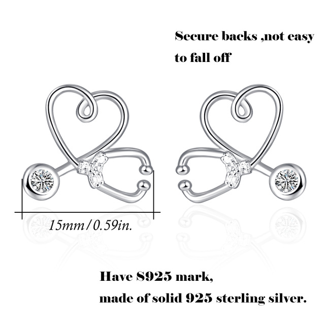 Sterling Silver Circular Shaped Cubic Zirconia Stethoscope Stud Earrings-4