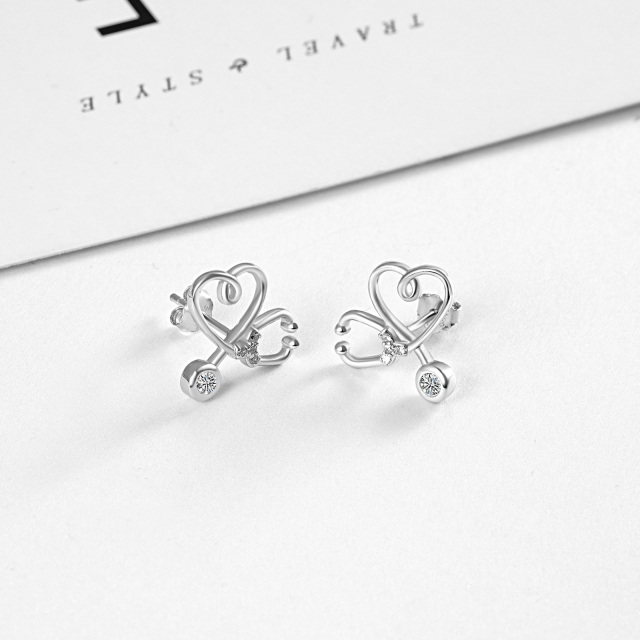 Sterling Silver Circular Shaped Cubic Zirconia Stethoscope Stud Earrings-3