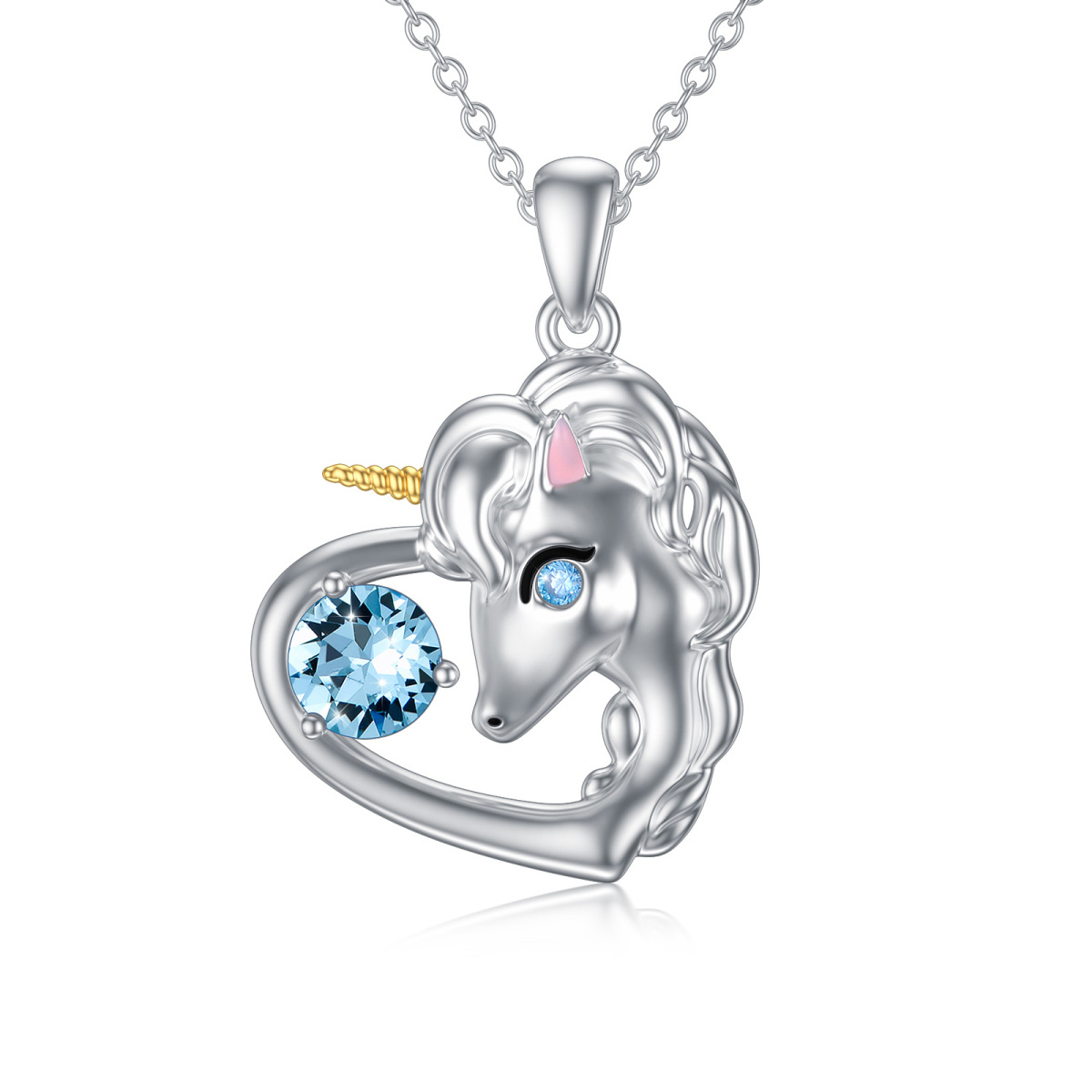 Sterling Silver Circular Shaped Cubic Zirconia Heart & Unicorn Pendant Necklace-1