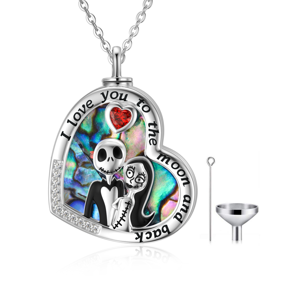 Sterling Silver Heart Shaped Abalone Shellfish Heart & Skull Urn Necklace for Ashes with Engraved Word-1