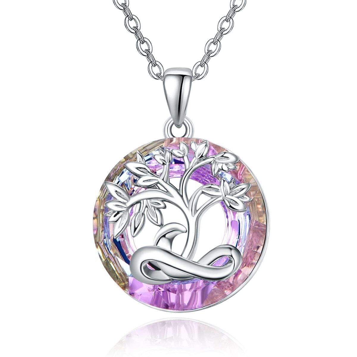 Sterling Silver Round Crystal Tree Of Life Pendant Necklace-1