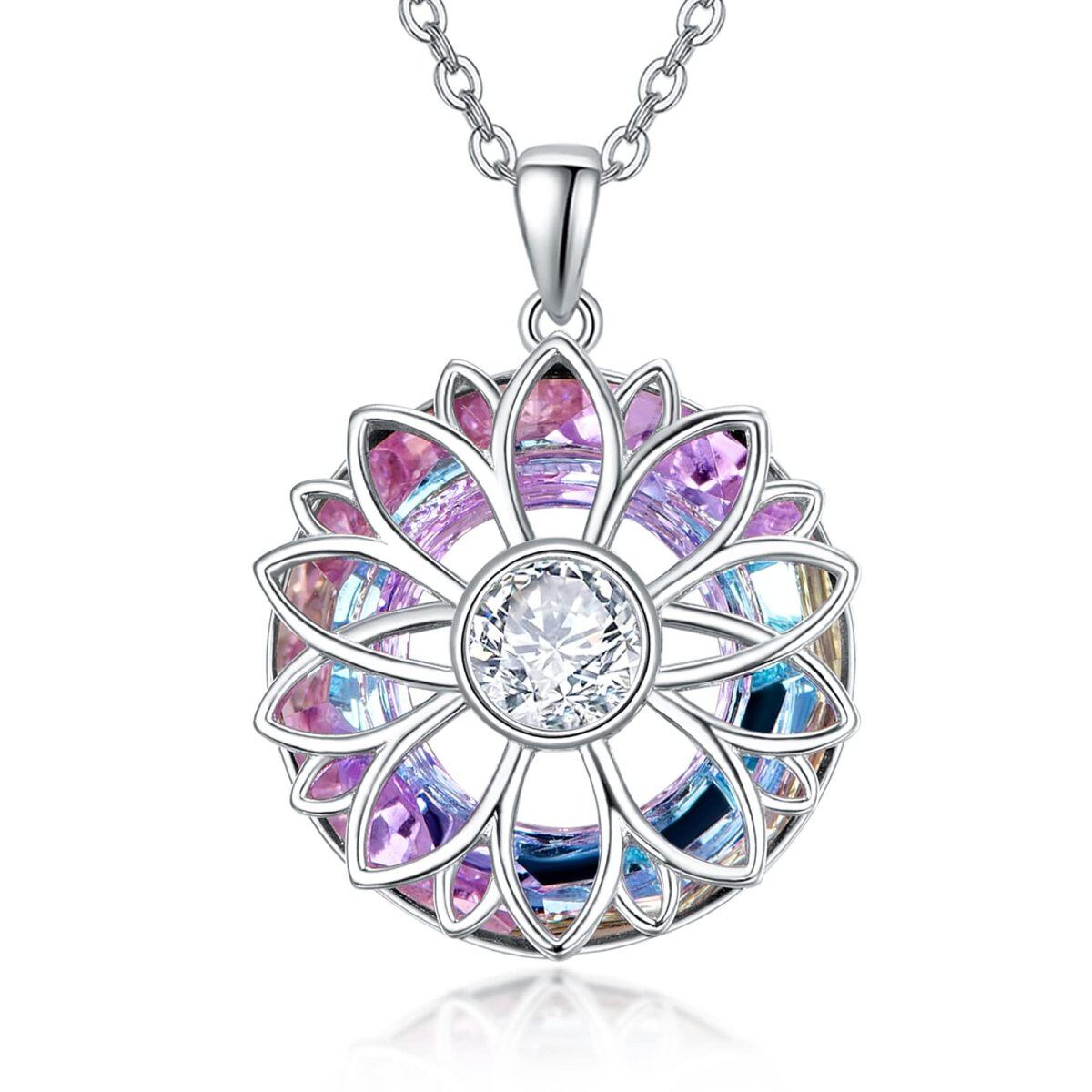 Sterling Silver Circular Shaped Sunflower Crystal Pendant Necklace-1