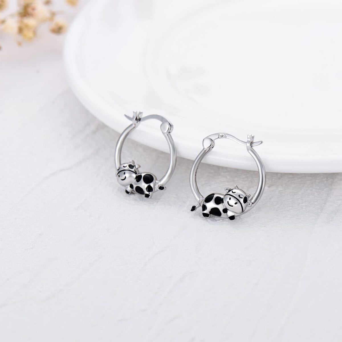 Sterling Silver Cow Hoop Earrings-4