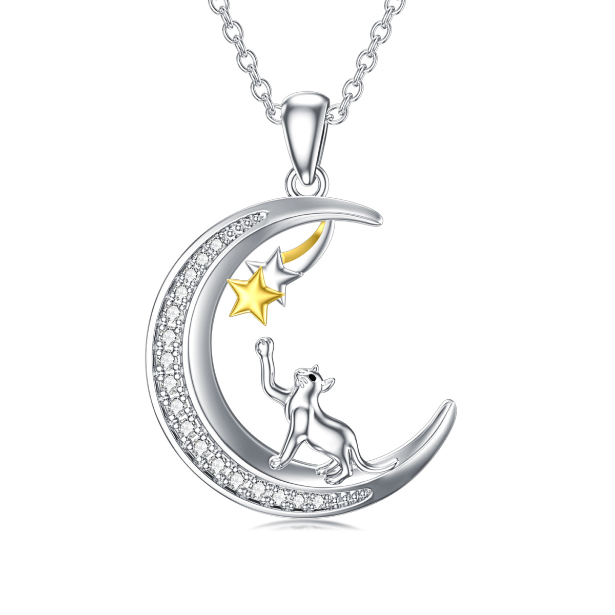 Sterling Silver Two-tone Circular Shaped Cubic Zirconia Cat & Moon & Star Pendant Necklace-1