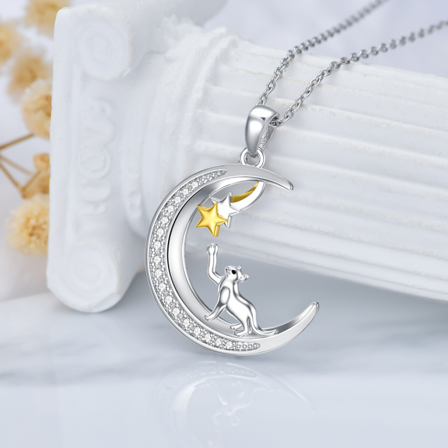 Sterling Silver Two-tone Circular Shaped Cubic Zirconia Cat & Moon & Star Pendant Necklace-2