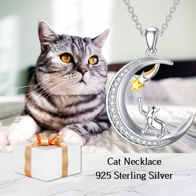 Sterling Silver Two-tone Circular Shaped Cubic Zirconia Cat & Moon & Star Pendant Necklace-4