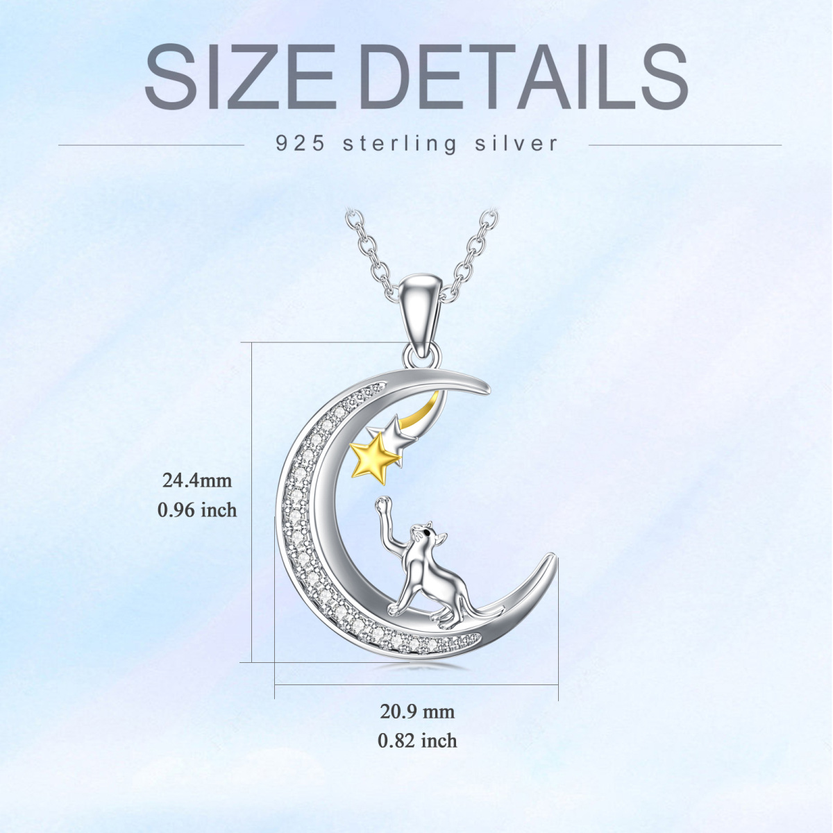 Sterling Silver Two-tone Circular Shaped Cubic Zirconia Cat & Moon & Star Pendant Necklace-6