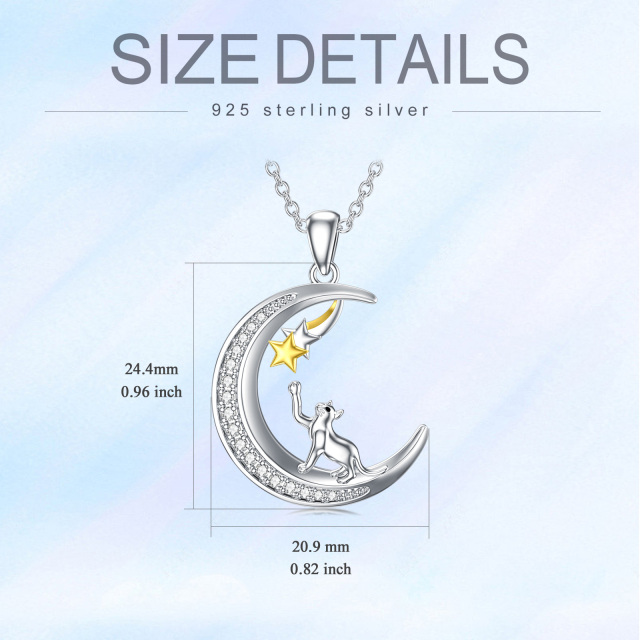 Sterling Silver Two-tone Circular Shaped Cubic Zirconia Cat & Moon & Star Pendant Necklace-5