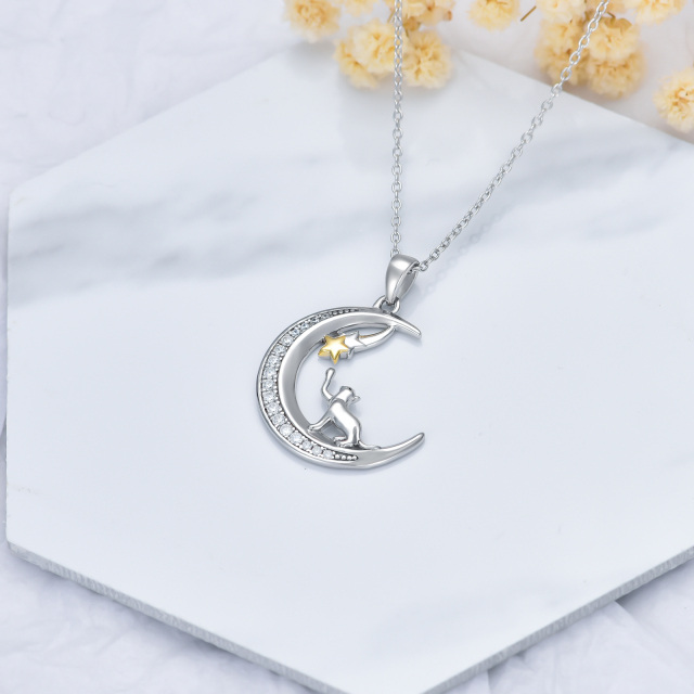 Sterling Silver Two-tone Circular Shaped Cubic Zirconia Cat & Moon & Star Pendant Necklace-3