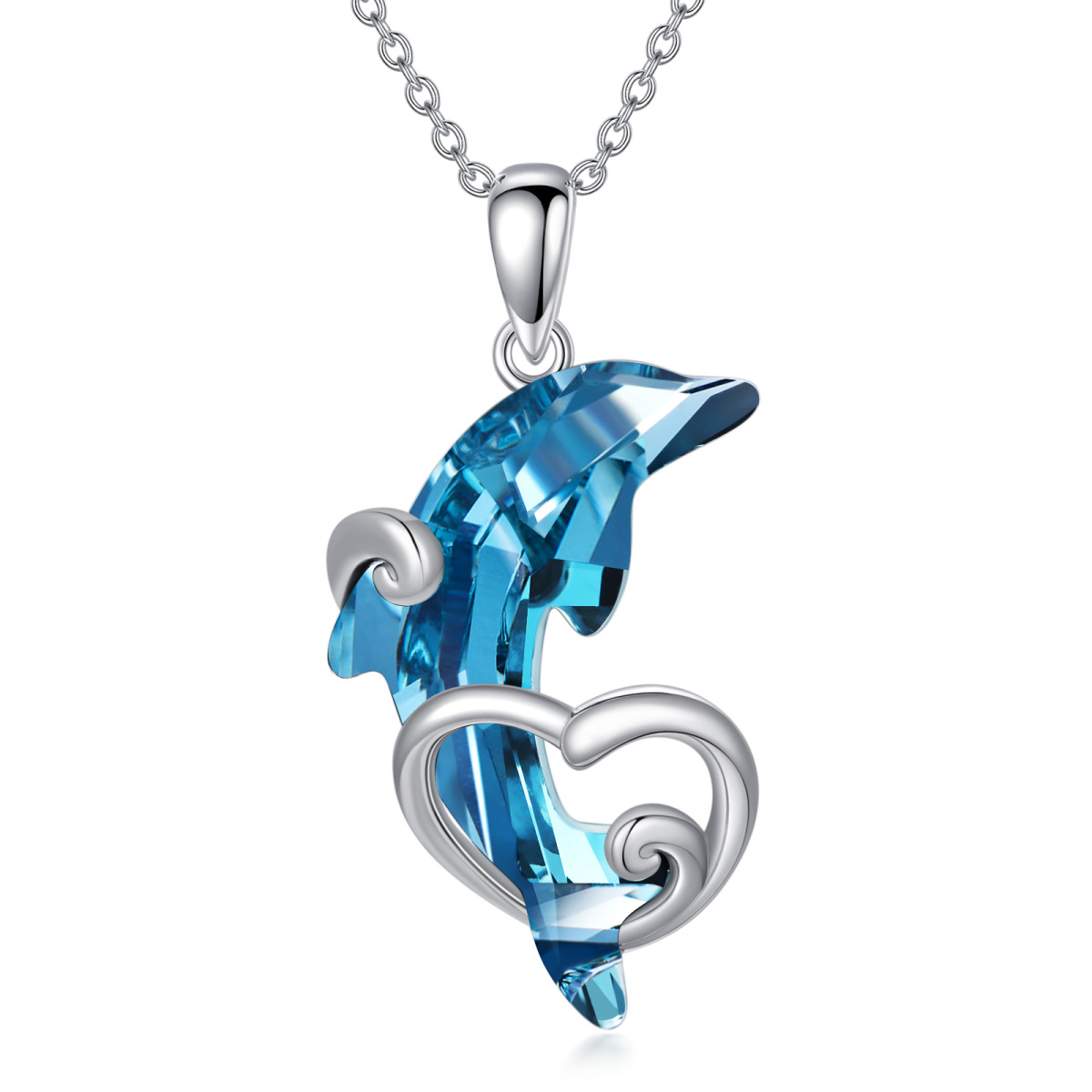 Sterling Silver Dolphin Wave & Heart Crystal Pendant Necklace-1