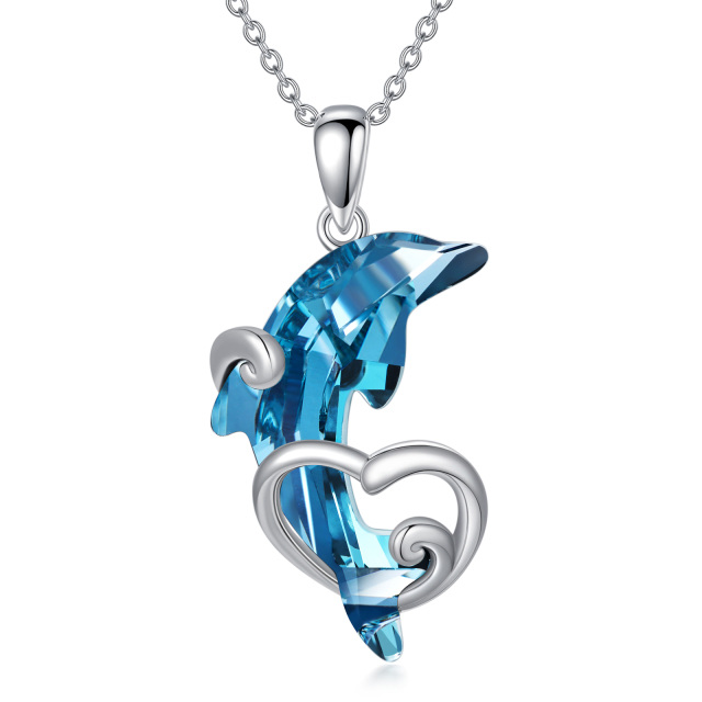 Sterling Silver Dolphin Wave & Heart Crystal Pendant Necklace-0