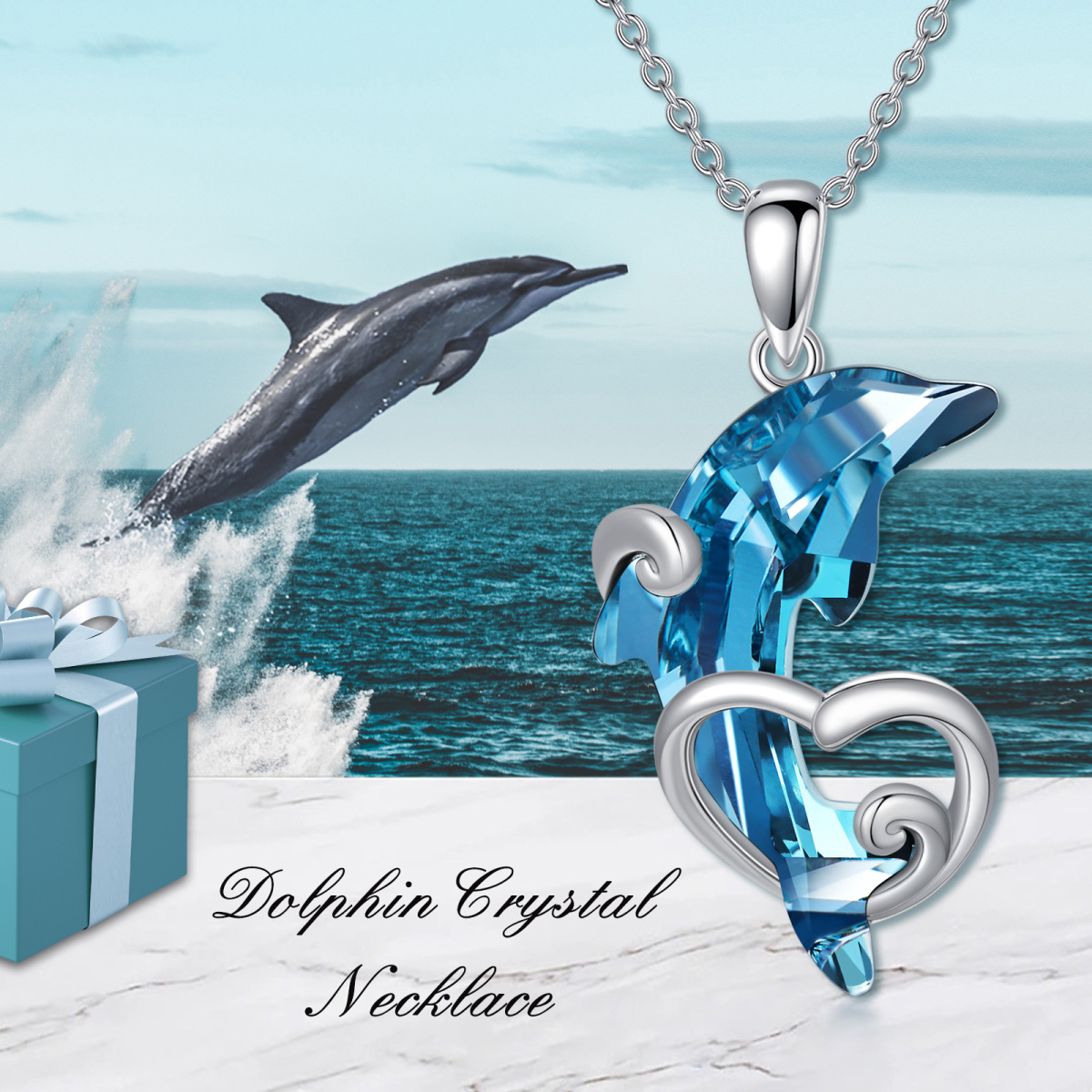 Sterling Silver Dolphin Wave & Heart Crystal Pendant Necklace-6