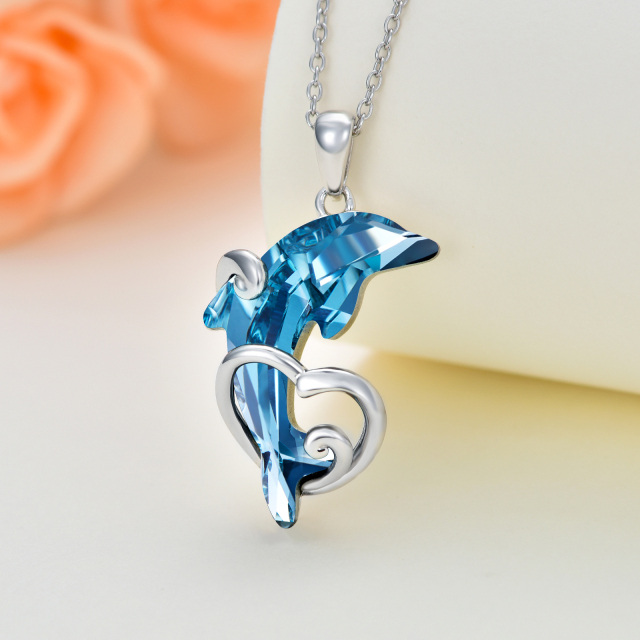 Sterling Silver Dolphin Wave & Heart Crystal Pendant Necklace-2
