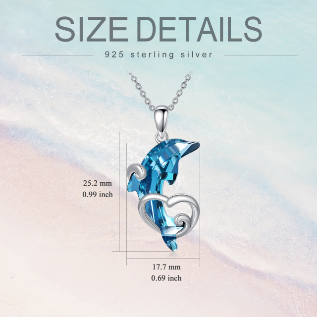 Sterling Silver Dolphin Wave & Heart Crystal Pendant Necklace-4