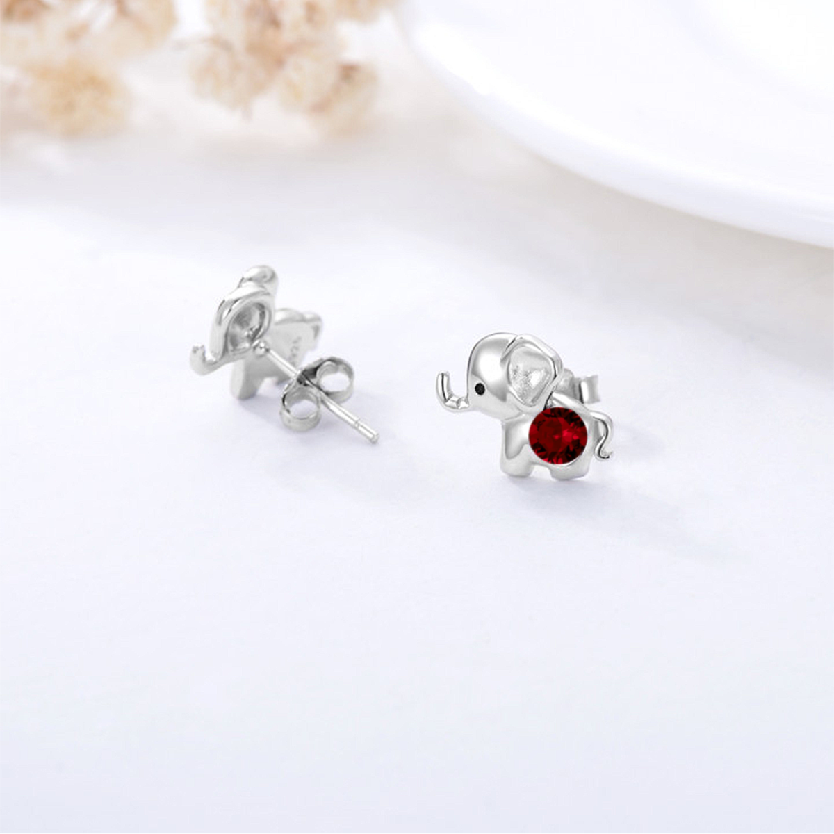 Sterling Silver Circular Shaped Crystal Elephant Stud Earrings-3