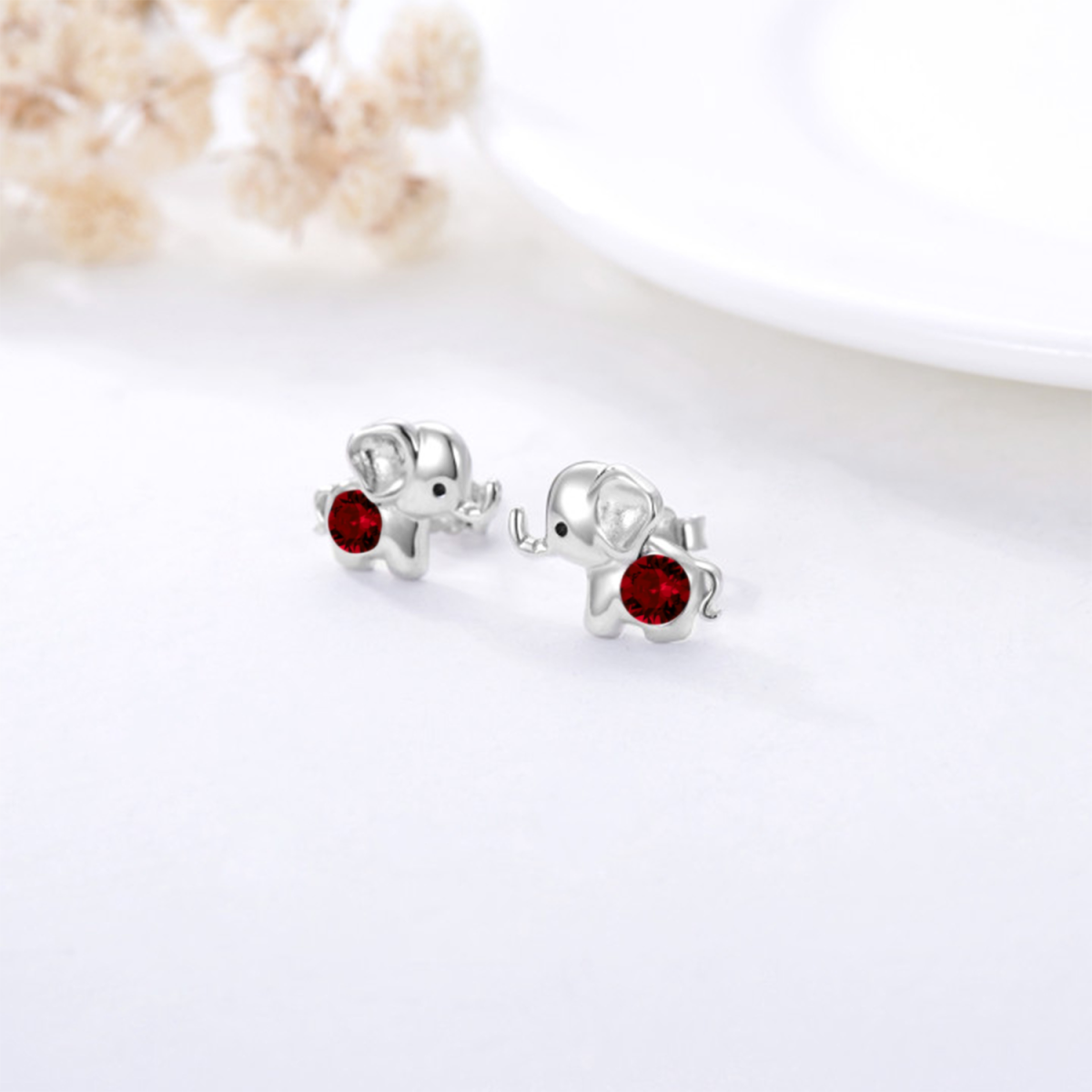 Sterling Silver Circular Shaped Crystal Elephant Stud Earrings-4