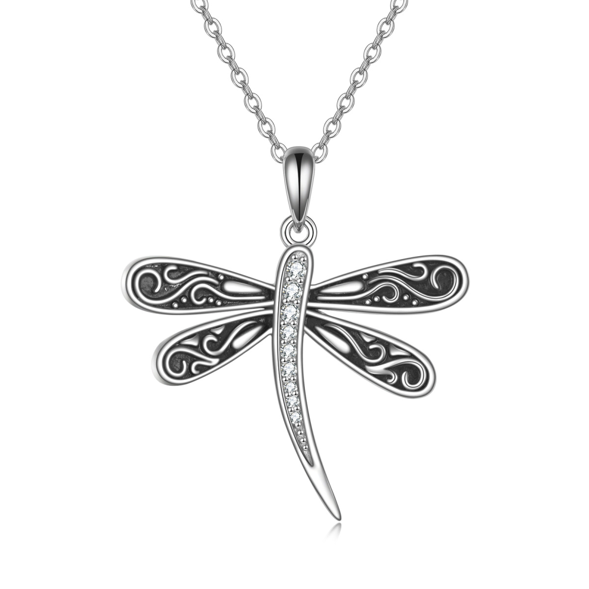Sterling Silver Zircon Vintage Dragonfly Pendant Necklace-1