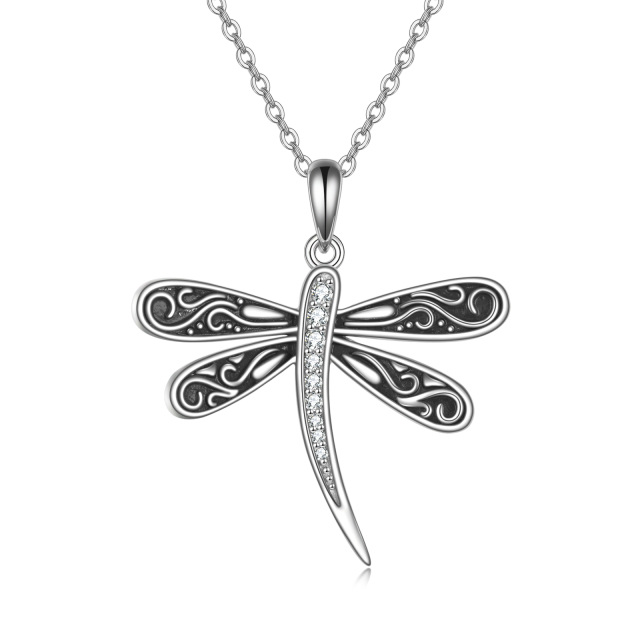 Sterling Silver Zircon Vintage Dragonfly Pendant Necklace-0