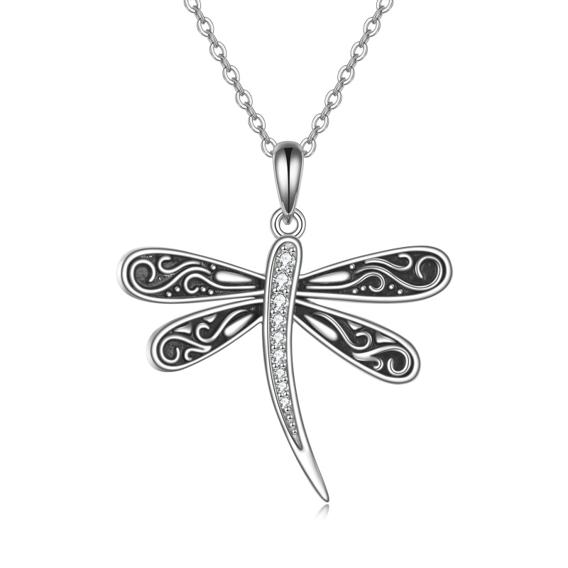 Sterling Silver Zircon Vintage Dragonfly Pendant Necklace