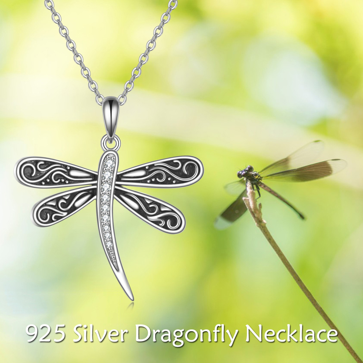Sterling Silver Zircon Vintage Dragonfly Pendant Necklace-6