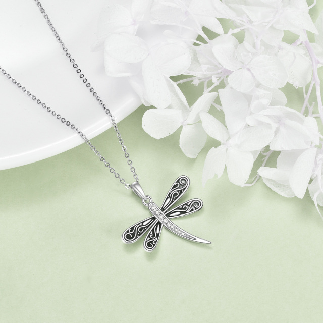Sterling Silver Zircon Vintage Dragonfly Pendant Necklace-3