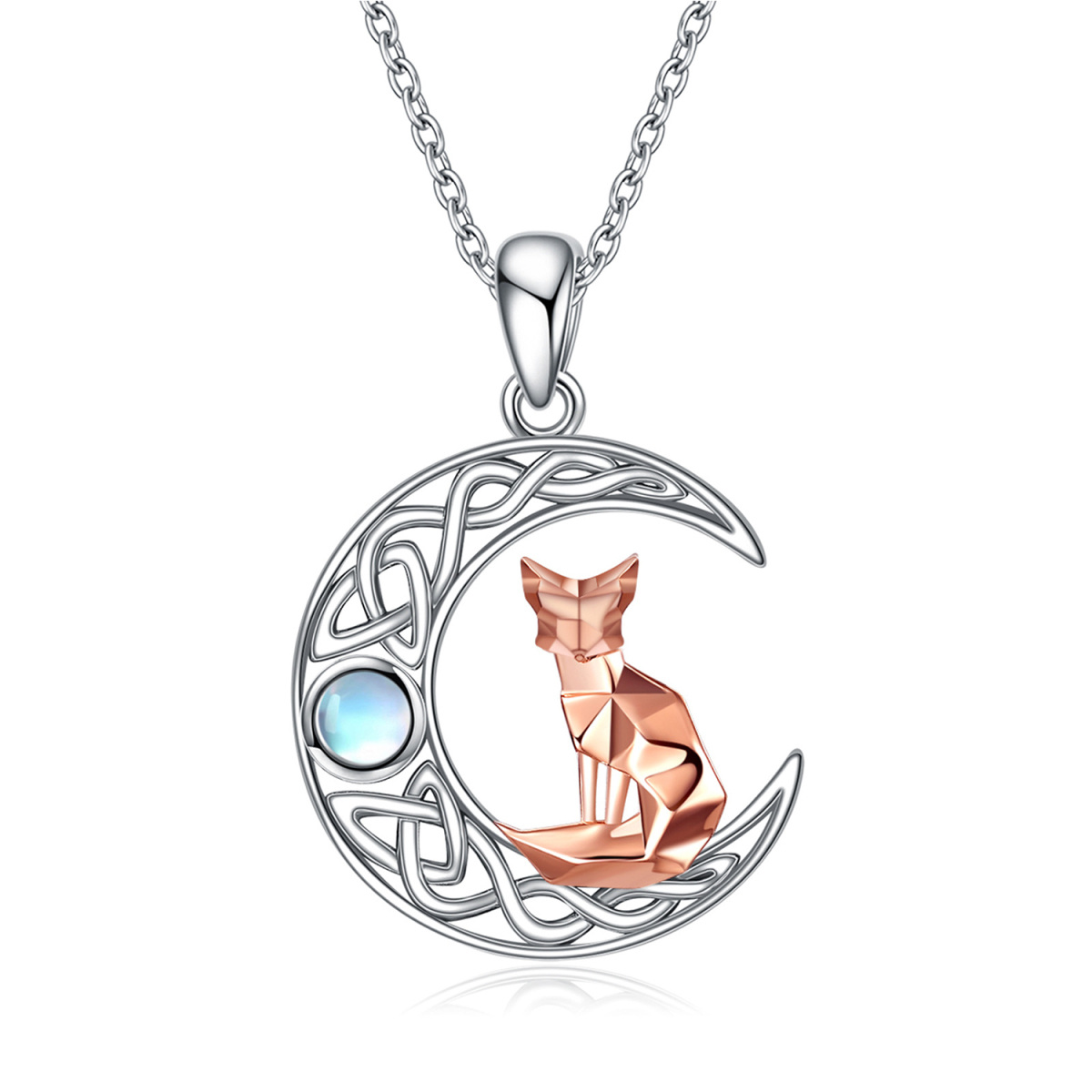 Sterling Silver Two-tone Circular Shaped Moonstone Fox & Celtic Knot & Moon Pendant Necklace-1