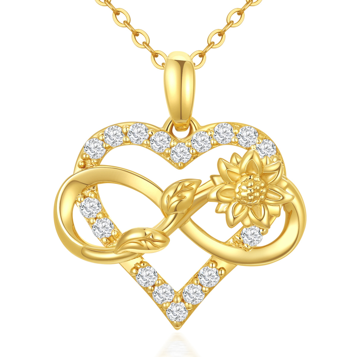 Collier en or 14K avec pendentif en zircon cubique tournesol, coeur et symbole de l'infini-1