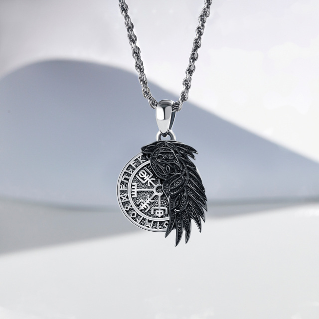Sterling Silver Two-tone Raven & Viking Rune Pendant Necklace for Men-2