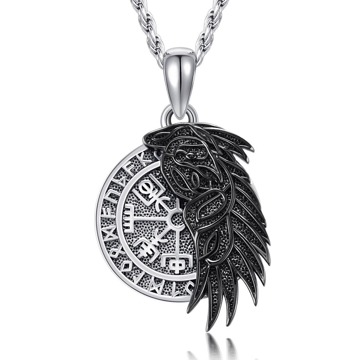 Sterling Silver Two-tone Raven & Viking Rune Pendant Necklace for Men-1