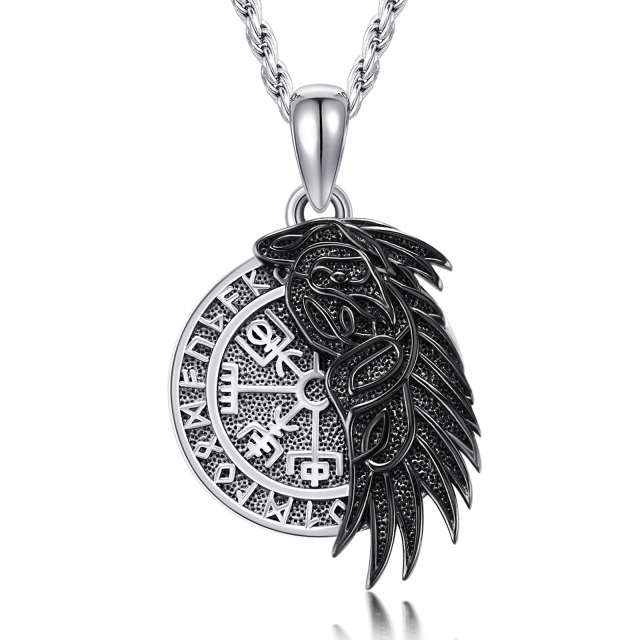 Sterling Silver Two-tone Raven & Viking Rune Pendant Necklace for Men-0