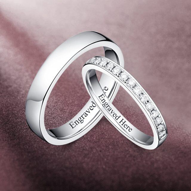 Sterling Silber kreisförmig Cubic Zirkonia personalisierte Gravur & Paar Verlobungsring-2