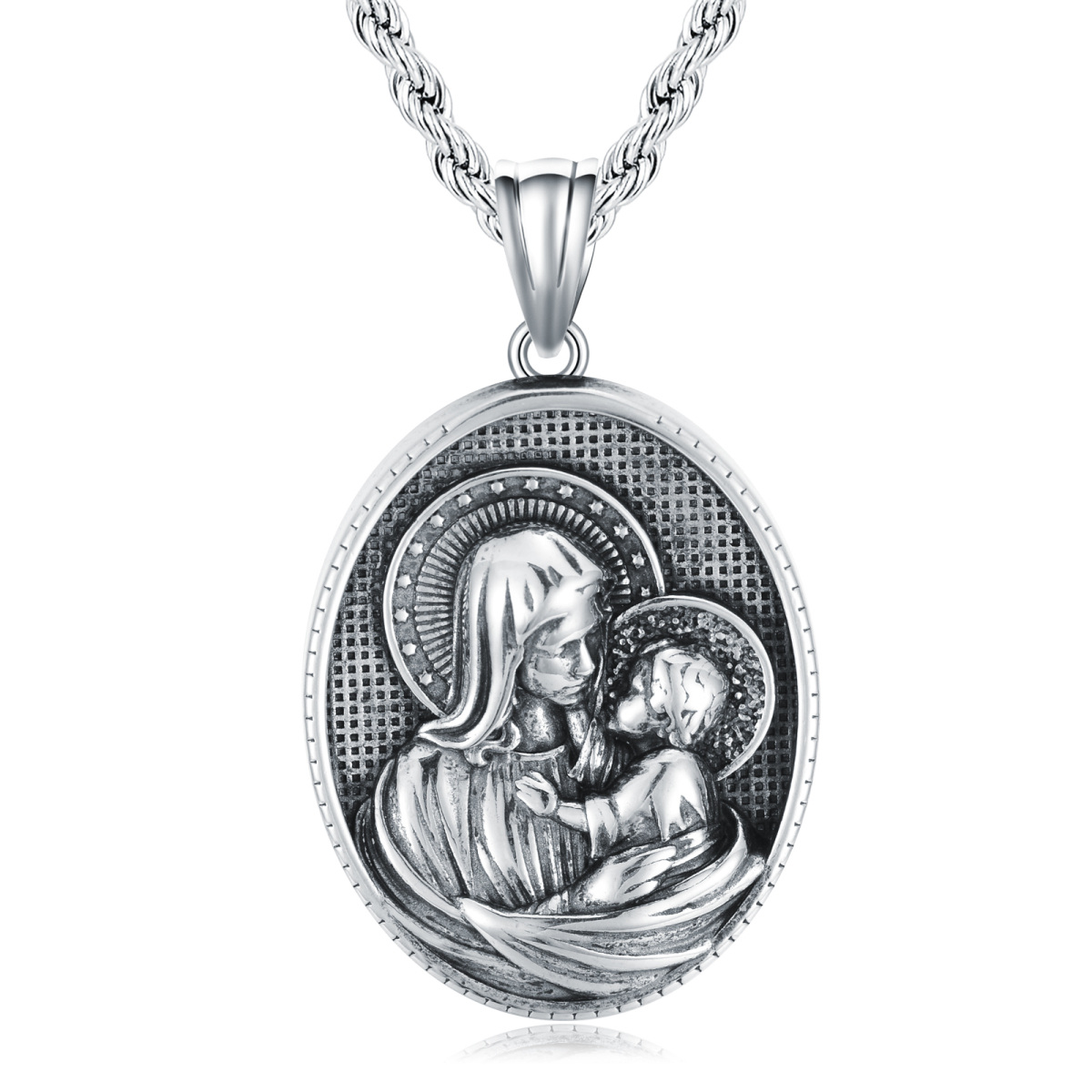 Collar con colgante de la Virgen María en forma ovalada de plata de ley para hombre-1