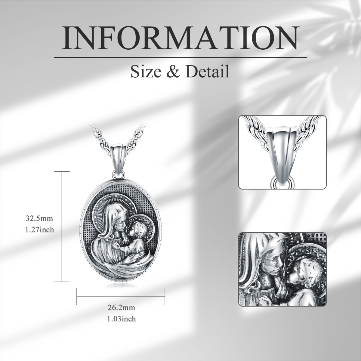 Sterling Silver Oval Shaped Virgin Mary Pendant Necklace for Men-5