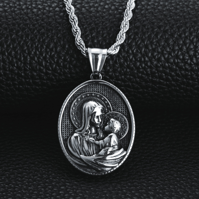 Sterling Silver Oval Shaped Virgin Mary Pendant Necklace for Men-4