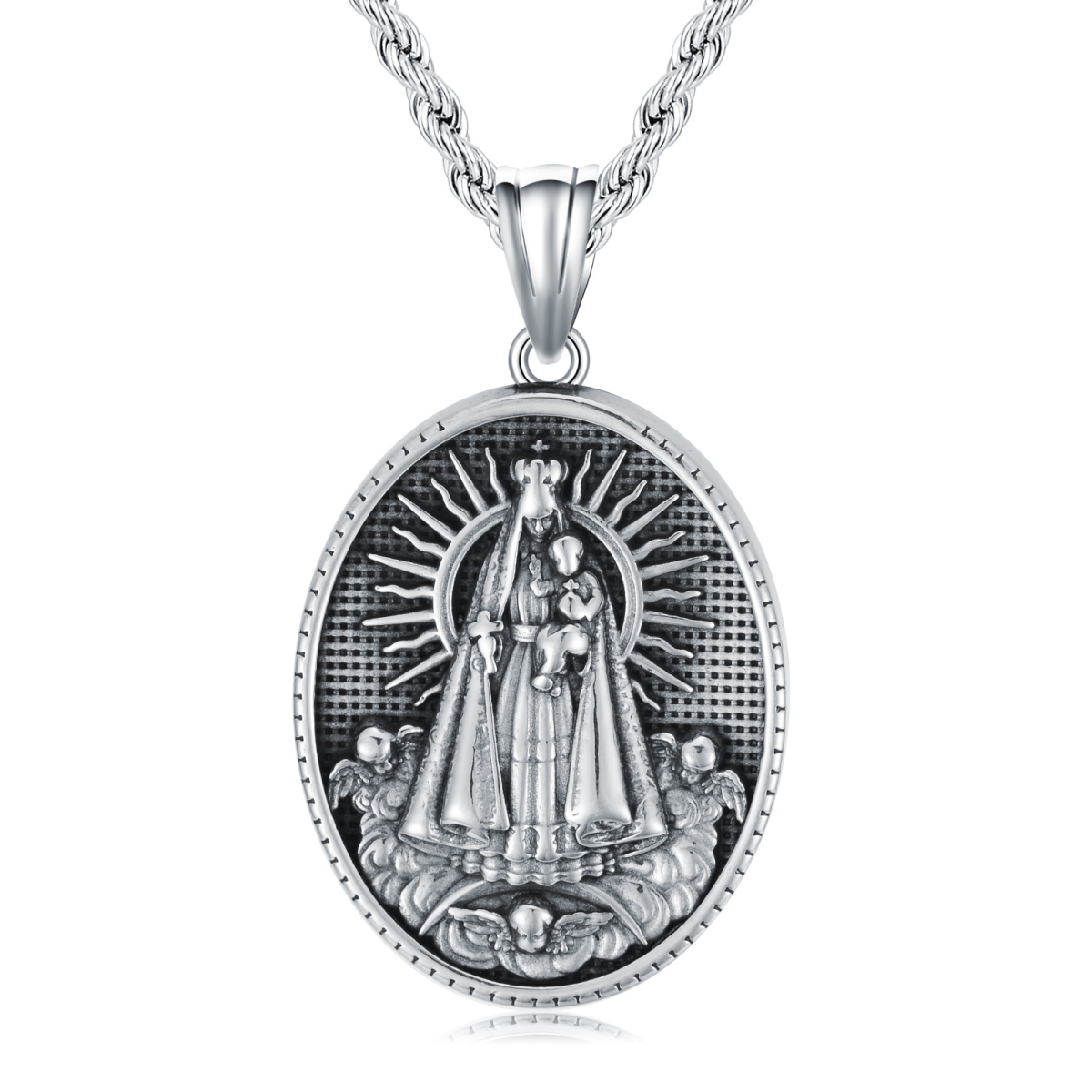 Collier avec pendentif en forme ovale de la Vierge Marie en acier inoxydable plaqué argent rétro pour homme-1