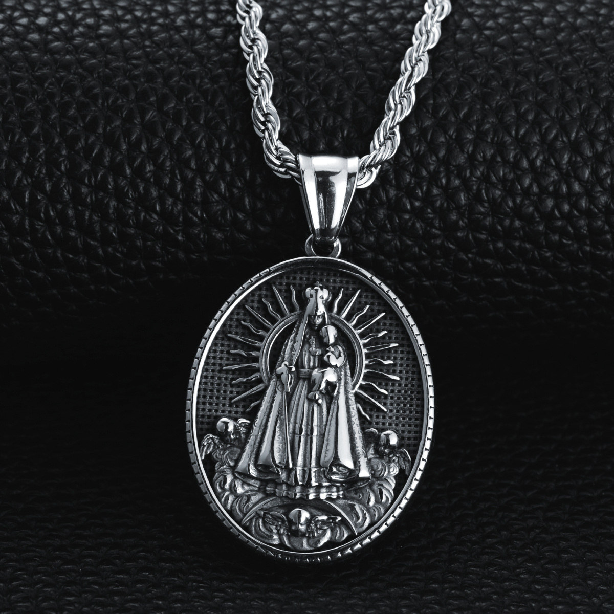 Halskette mit ovalem Anhänger Jungfrau Maria aus Edelstahl im Retro-Stil für Herren, versilbert-5