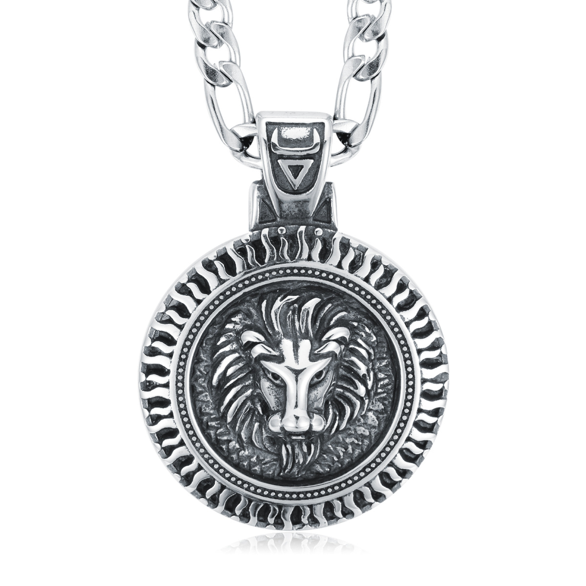 Collier avec pendentif en forme de lion ovale plaqué argent rétro en acier inoxydable pour homme-1