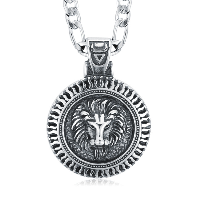 Stainless Steel with Retro Silver Plated Oval Shaped Lion Pendant Necklace for Men-0