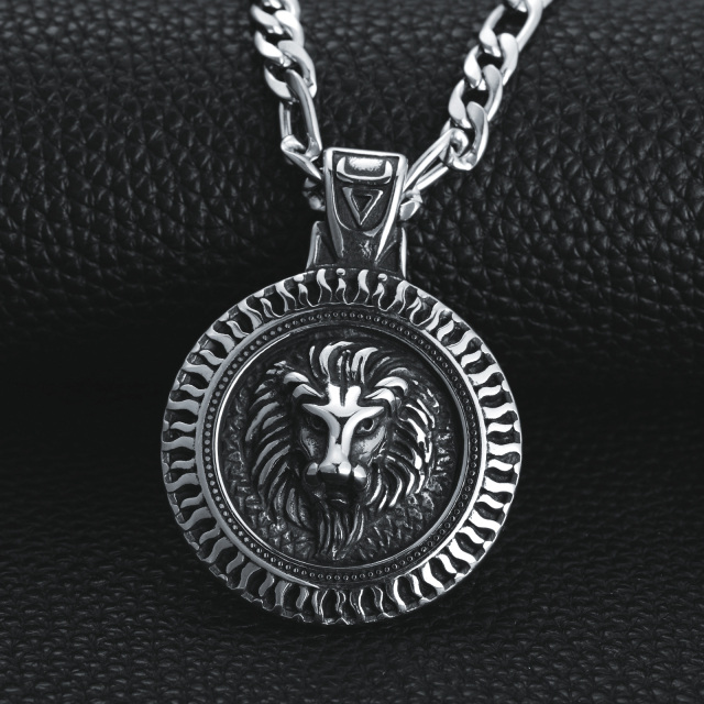 Stainless Steel with Retro Silver Plated Oval Shaped Lion Pendant Necklace for Men-3