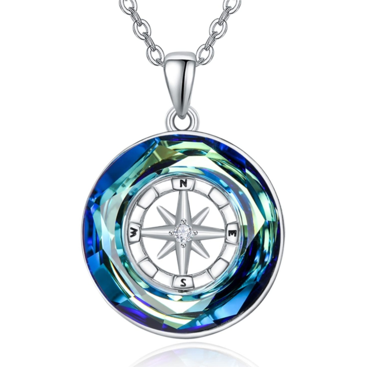 Sterling Silver Circular Shaped Compass Blue Crystal Pendant Necklace-1