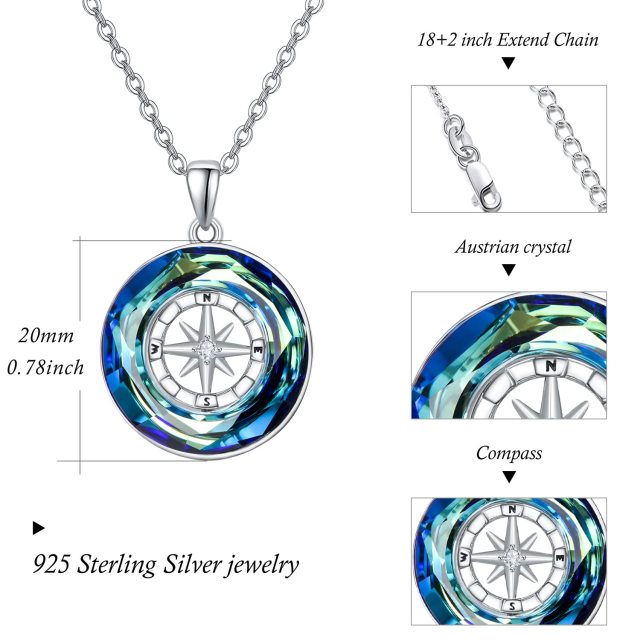 Sterling Silver Circular Shaped Compass Blue Crystal Pendant Necklace-5