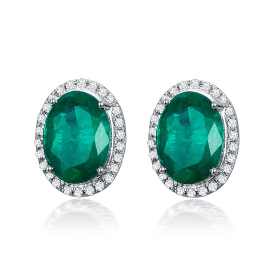 18K White Gold Circular Shaped Emerald Round Stud Earrings