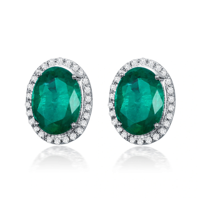 18K White Gold Circular Shaped Emerald Round Stud Earrings-0