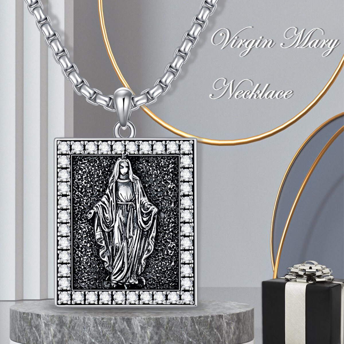 Sterling Silver Circular Shaped Cubic Zirconia Virgin Mary Pendant Necklace for Men-5