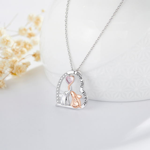 Sterling Silver Two-tone Circular Shaped & Heart Shaped Cubic Zirconia Elephant & Heart Pendant Necklace with Engraved Word-2