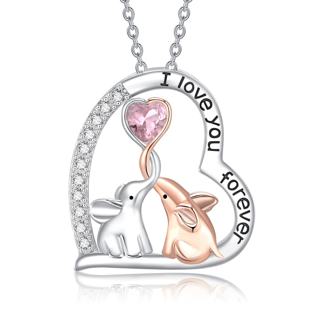 Sterling Silver Two-tone Circular Shaped & Heart Shaped Cubic Zirconia Elephant & Heart Pendant Necklace with Engraved Word-0