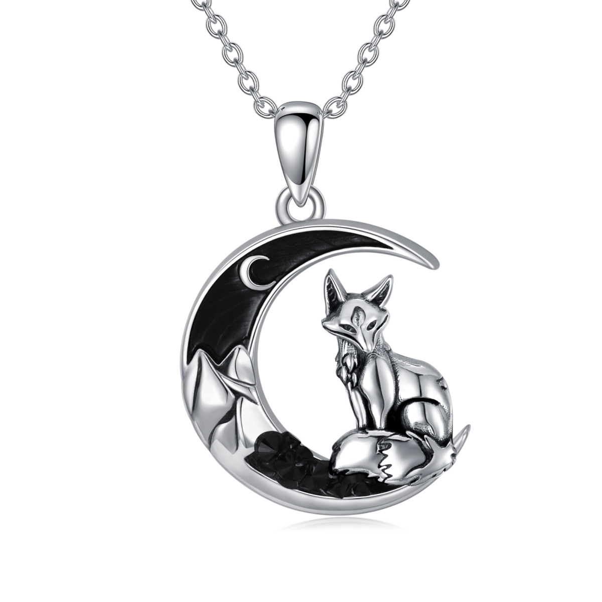 Sterling Silver with Black Rhodium Fox & Moon Pendant Necklace-1