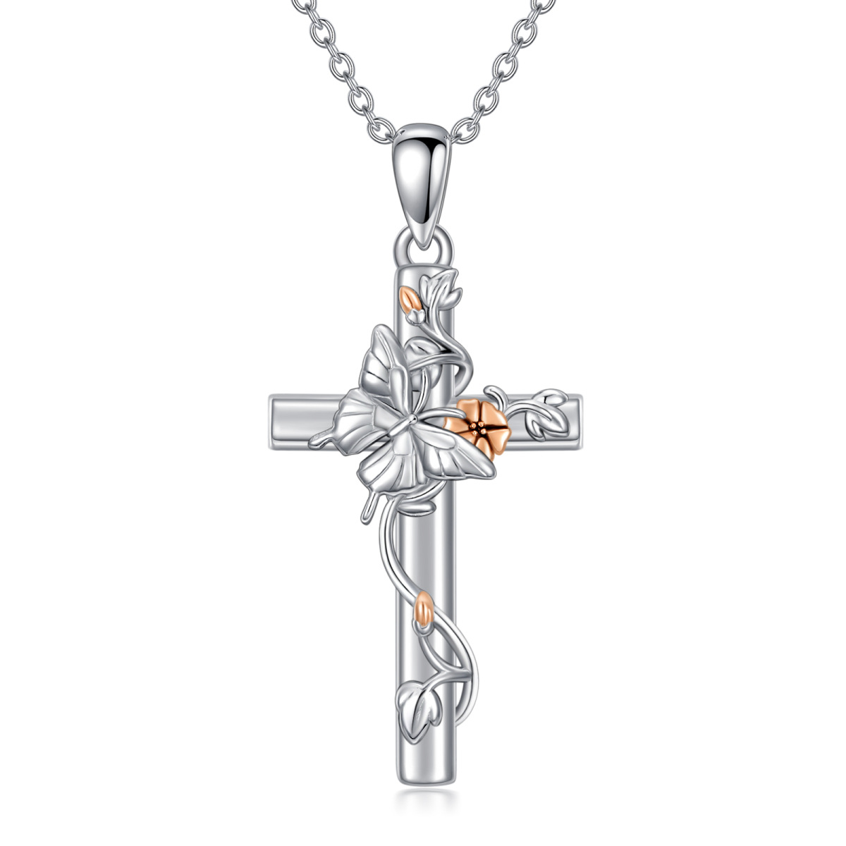 Sterling Silver Two-tone Cross & Butterfly Morning Glory Pendant Necklace-1